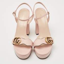 Gucci Pink Leather GG Marmont Block Heel Ankle Strap Platform Sandals Size 37