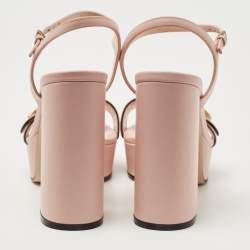 Gucci Pink Leather GG Marmont Block Heel Ankle Strap Platform Sandals Size 37