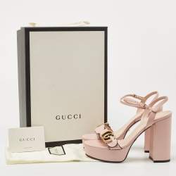 Gucci Pink Leather GG Marmont Block Heel Ankle Strap Platform Sandals Size 37