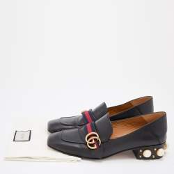 Pre Owned Gucci Black Leather Peyton GG Sylvie Pearl Studded Loafer Size 41