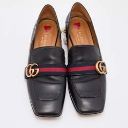 Pre Owned Gucci Black Leather Peyton GG Sylvie Pearl Studded Loafer Size 41
