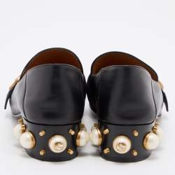 Pre Owned Gucci Black Leather Peyton GG Sylvie Pearl Studded Loafer Size 41