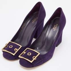 Pre Owned حذاء كعب عالي غوتشي كعب عريض تفاصيل إبزيم سويدي بني مقاس 38.5