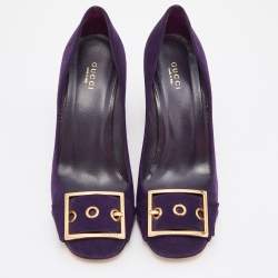 Pre Owned حذاء كعب عالي غوتشي كعب عريض تفاصيل إبزيم سويدي بني مقاس 38.5