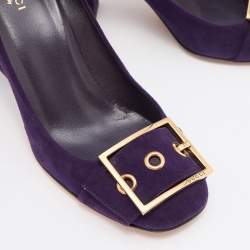 Pre Owned حذاء كعب عالي غوتشي كعب عريض تفاصيل إبزيم سويدي بني مقاس 38.5