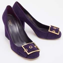 Pre Owned حذاء كعب عالي غوتشي كعب عريض تفاصيل إبزيم سويدي بني مقاس 38.5