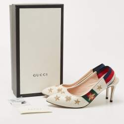 Pre Owned Gucci Cream Leather Web  Sylvie Slingback Pumps Size 38
