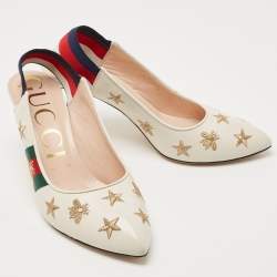 Pre Owned Gucci Cream Leather Web  Sylvie Slingback Pumps Size 38