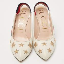 Pre Owned Gucci Cream Leather Web  Sylvie Slingback Pumps Size 38