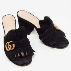 Gucci Black Suede Double G Slide Sandals Size 38