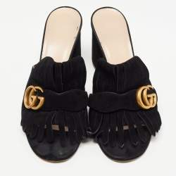 Gucci Black Suede Double G Slide Sandals Size 38