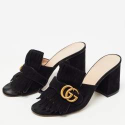 Gucci Black Suede Double G Slide Sandals Size 38