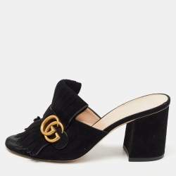 Gucci Black Suede Double G Slide Sandals Size 38