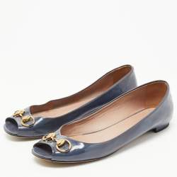 Pre Owned Gucci Grey Microguccissima Patent Leather Horsebit Peep Toe Ballet Flats Size 40