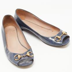 Pre Owned Gucci Grey Microguccissima Patent Leather Horsebit Peep Toe Ballet Flats Size 40