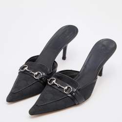 Gucci Black GG Canvas and Leather Horsebit Pointed Toe Mules Size 40