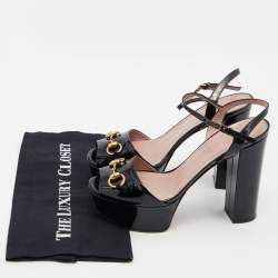 Pre Owned Gucci Black Patent Leather Horsebit Block Heel Ankle Strap Sandals Size 39