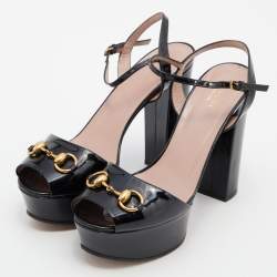 Pre Owned Gucci Black Patent Leather Horsebit Block Heel Ankle Strap Sandals Size 39