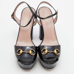 Pre Owned Gucci Black Patent Leather Horsebit Block Heel Ankle Strap Sandals Size 39