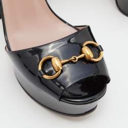 Pre Owned Gucci Black Patent Leather Horsebit Block Heel Ankle Strap Sandals Size 39