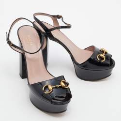 Pre Owned Gucci Black Patent Leather Horsebit Block Heel Ankle Strap Sandals Size 39