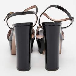 Pre Owned Gucci Black Patent Leather Horsebit Block Heel Ankle Strap Sandals Size 39