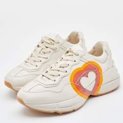 Gucci Beige Leather Rhyton GG Logo Low Top Sneakers Size 37.5