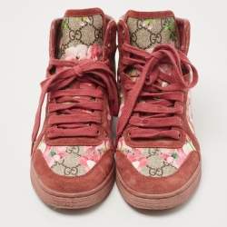 Gucci Beige/Pink Bloom GG Supreme Canvas and Suede High Top Sneakers Size 36