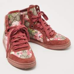 Gucci Beige/Pink Bloom GG Supreme Canvas and Suede High Top Sneakers Size 36