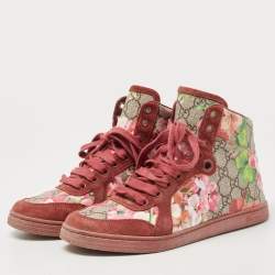 Gucci Beige/Pink Bloom GG Supreme Canvas and Suede High Top Sneakers Size 36