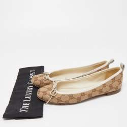 Pre Owned Gucci Beige/Brown GG Canvas And Leather Bow Ballet Flats Size 37