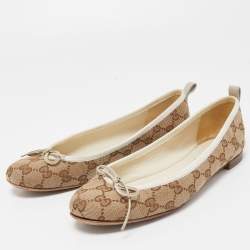 Pre Owned Gucci Beige/Brown GG Canvas And Leather Bow Ballet Flats Size 37