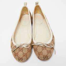 Pre Owned Gucci Beige/Brown GG Canvas And Leather Bow Ballet Flats Size 37