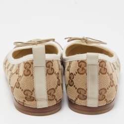Pre Owned Gucci Beige/Brown GG Canvas And Leather Bow Ballet Flats Size 37