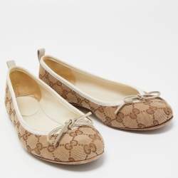 Pre Owned Gucci Beige/Brown GG Canvas And Leather Bow Ballet Flats Size 37