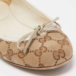 Pre Owned Gucci Beige/Brown GG Canvas And Leather Bow Ballet Flats Size 37