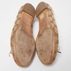 Pre Owned Gucci Beige/Brown GG Canvas And Leather Bow Ballet Flats Size 37