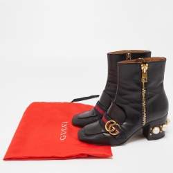 Gucci Black Leather GG Pearl Embellished Ankle Boots Size 37