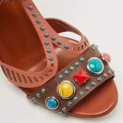 Pre Owned Gucci Multicolor Leather Lika Stone Embellished Sandals Size 38.5