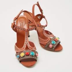 Pre Owned Gucci Multicolor Leather Lika Stone Embellished Sandals Size 38.5