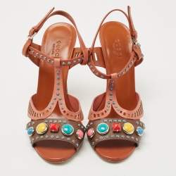 Pre Owned Gucci Multicolor Leather Lika Stone Embellished Sandals Size 38.5