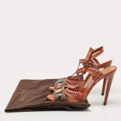 Pre Owned Gucci Multicolor Leather Lika Stone Embellished Sandals Size 38.5