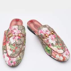 Pre Owned Gucci Multicolor Blooms Print GG Supreme Canvas Princetown Mule Sandals Size 39.5