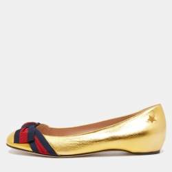 Pre Owned Gucci Metallic Gold Leather Web Bow Ballet Flats Size 38