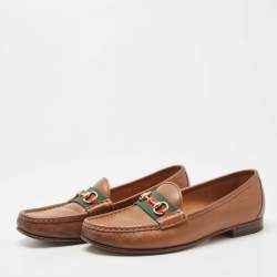Pre Owned Gucci Brown Leather Web Horsebit Loafers Size 38.5