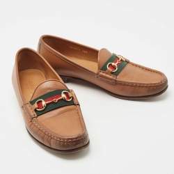 Pre Owned Gucci Brown Leather Web Horsebit Loafers Size 38.5