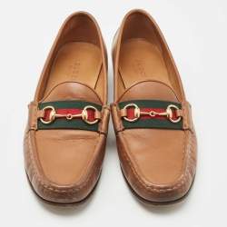 Pre Owned Gucci Brown Leather Web Horsebit Loafers Size 38.5