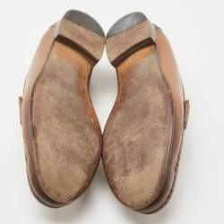 Pre Owned Gucci Brown Leather Web Horsebit Loafers Size 38.5