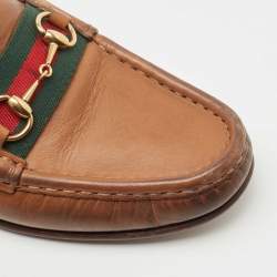 Pre Owned Gucci Brown Leather Web Horsebit Loafers Size 38.5