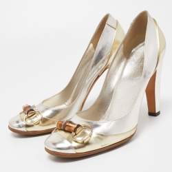 Gucci Gold/Silver Leather Bamboo Horsebit Pumps Size 39